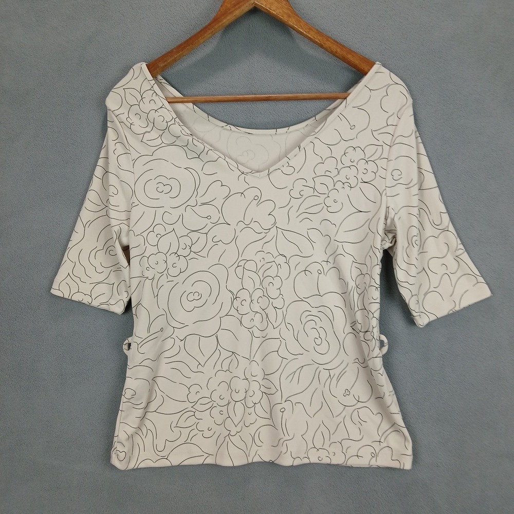 Knitwear‎ Shirt Womens Large Beige Floral 3/4 Sleeve V Neck Everyday Comfort